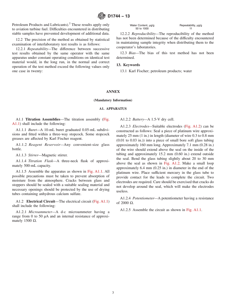 ASTM D1744-13 - Standard Test Method for Determination of Water in Liquid Petroleum Products by Karl Fischer Reagent (Withdrawn 2016)