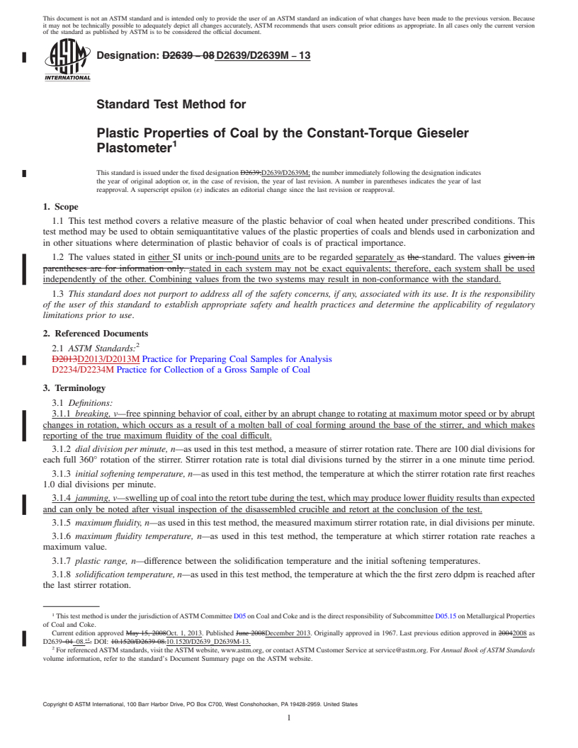 REDLINE ASTM D2639/D2639M-13 - Standard Test Method for Plastic Properties of Coal by the Constant-Torque Gieseler Plastometer