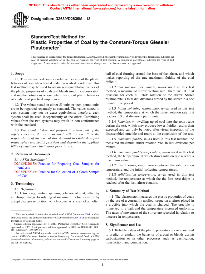 ASTM D2639/D2639M-13 - Standard Test Method for Plastic Properties of Coal by the Constant-Torque Gieseler Plastometer