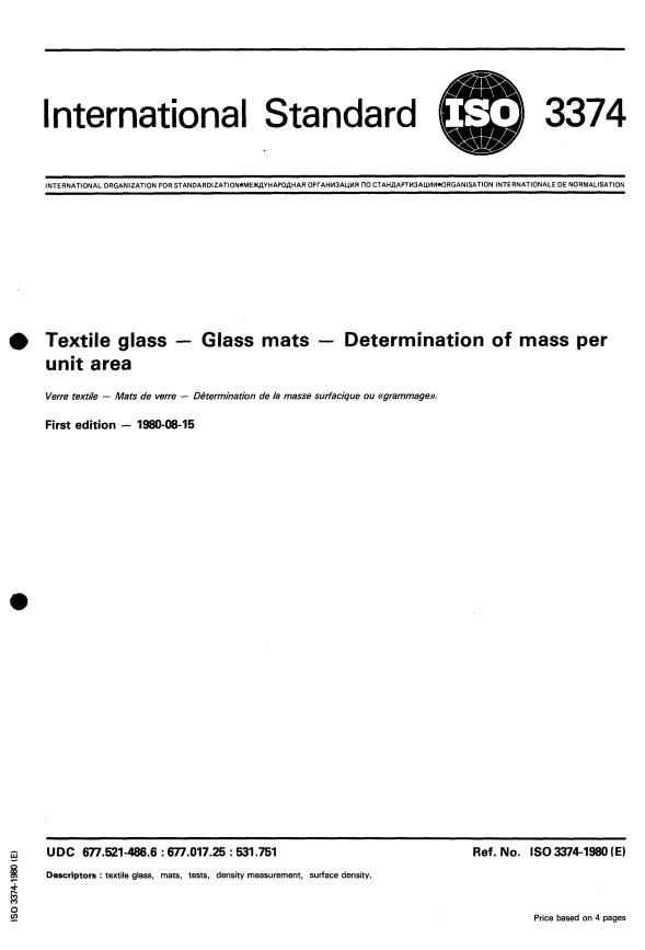 ISO 3374:1980 - Textile glass -- Glass mats -- Determination of mass per unit area