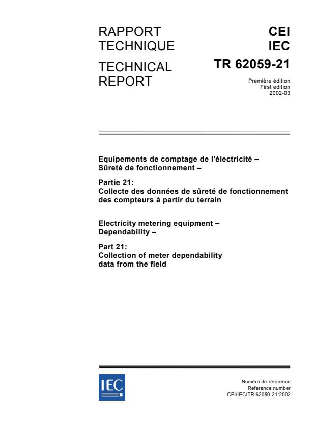 IEC TR 62059-21:2002 - Electricity metering equipment - Dependability - Part 21: Collection of meter dependability data from the field