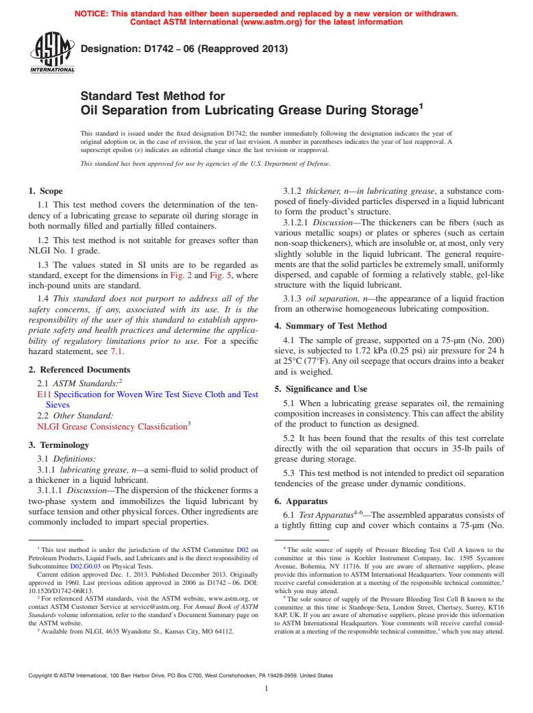 ASTM D1742-06(2013) - Standard Test Method for Oil Separation from Lubricating Grease During Storage