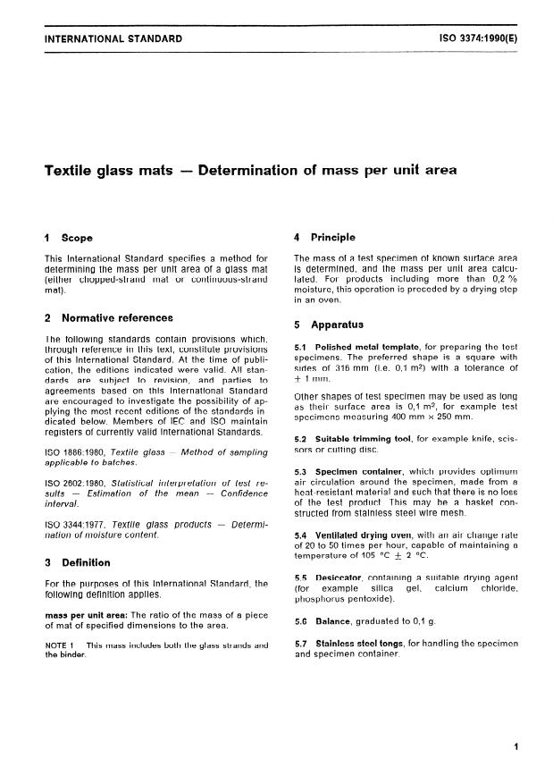 ISO 3374:1990 - Textile glass mats -- Determination of mass per unit area