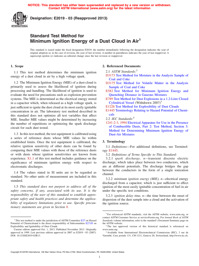 ASTM E2019-03(2013) - Standard Test Method for  Minimum Ignition Energy of a Dust Cloud in Air