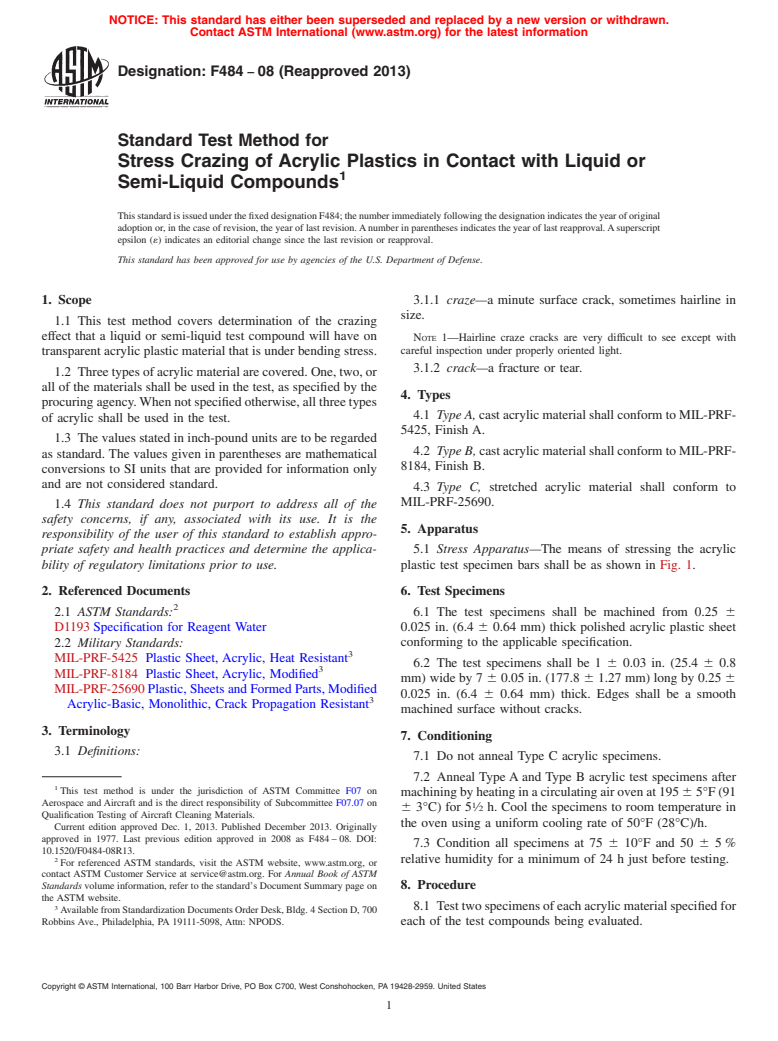 ASTM F484-08(2013) - Standard Test Method for  Stress Crazing of Acrylic Plastics in Contact with Liquid or  Semi-Liquid Compounds