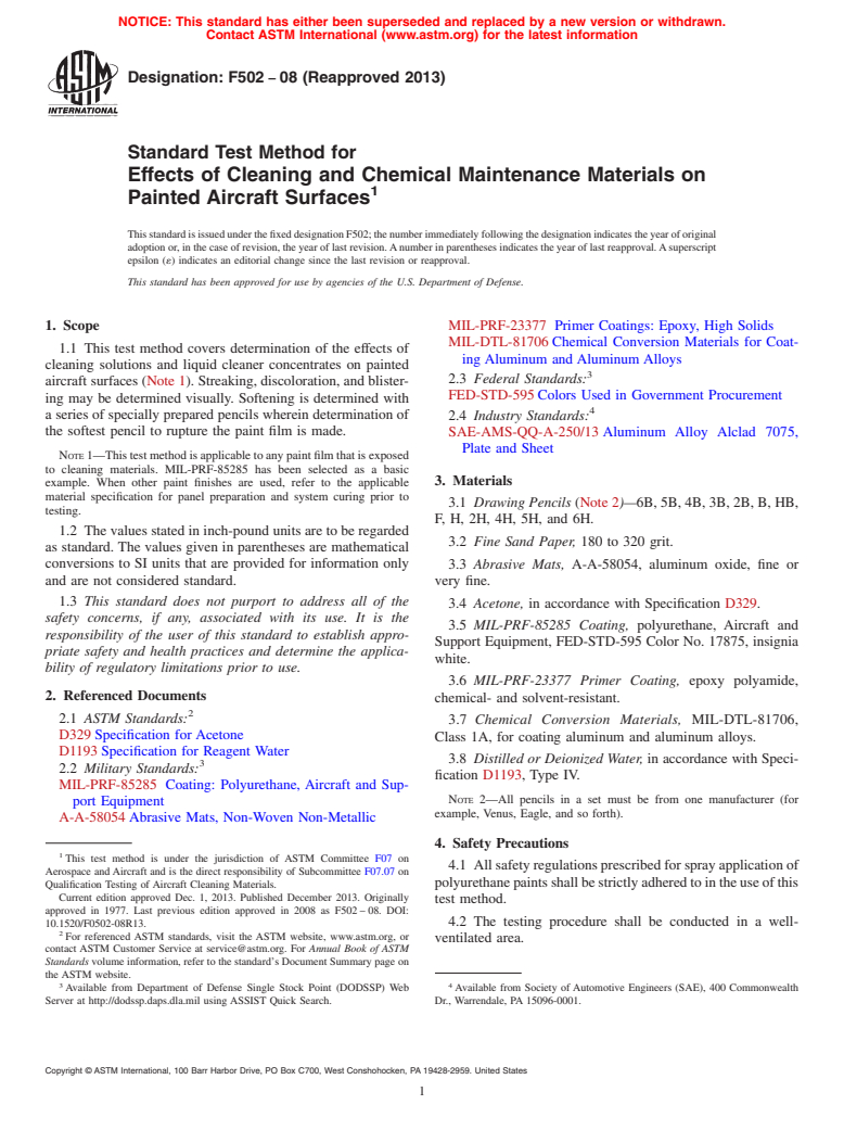 ASTM F502-08(2013) - Standard Test Method for  Effects of Cleaning and Chemical Maintenance Materials on Painted  Aircraft Surfaces
