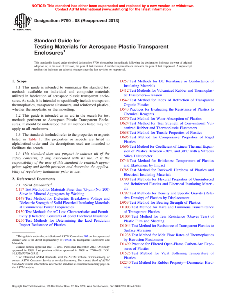 ASTM F790-08(2013) - Standard Guide for  Testing Materials for Aerospace Plastic Transparent Enclosures