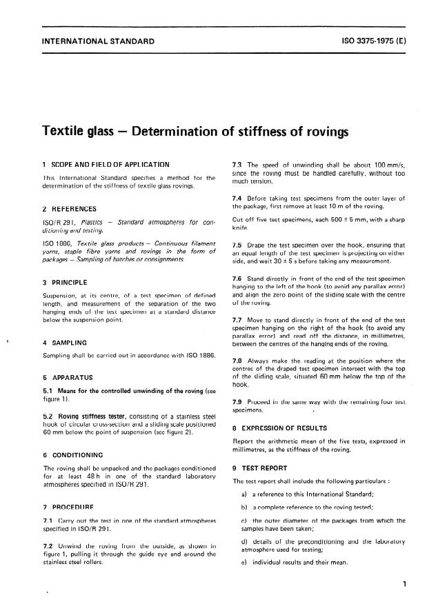 ISO 3375:1975 - Textile glass -- Determination of stiffness of rovings