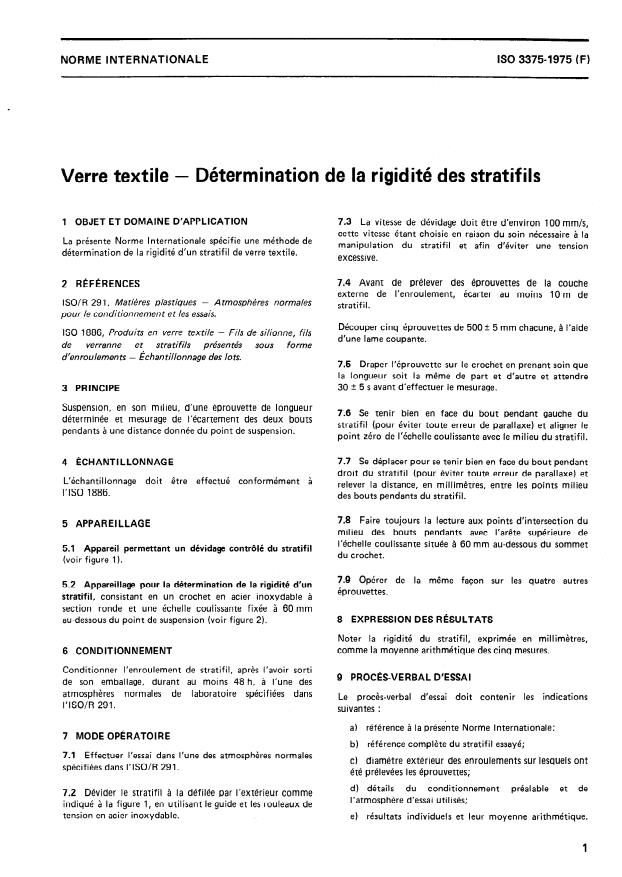 ISO 3375:1975 - Verre textile -- Détermination de la rigidité des stratifils