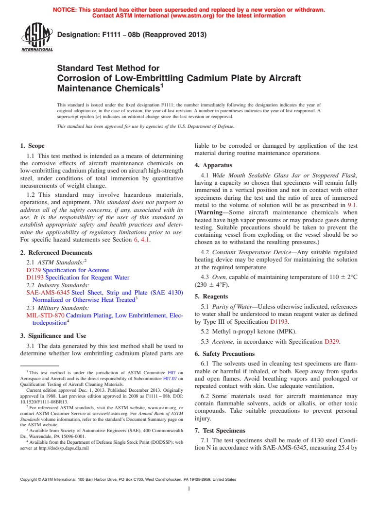 ASTM F1111-08b(2013) - Standard Test Method for Corrosion of Low-Embrittling Cadmium Plate by Aircraft Maintenance  Chemicals