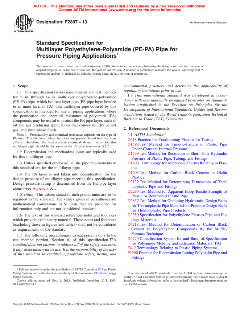 ASTM F2807-13 - Standard Specification for Multilayer Polyethylene-Polyamide (PE-PA) Pipe for Pressure  Piping Applications