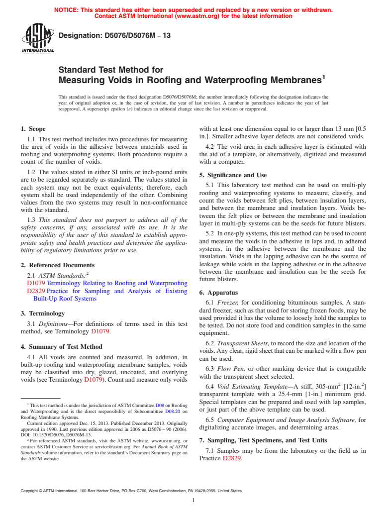 ASTM D5076/D5076M-13 - Standard Test Method for Measuring Voids in Roofing and Waterproofing Membranes