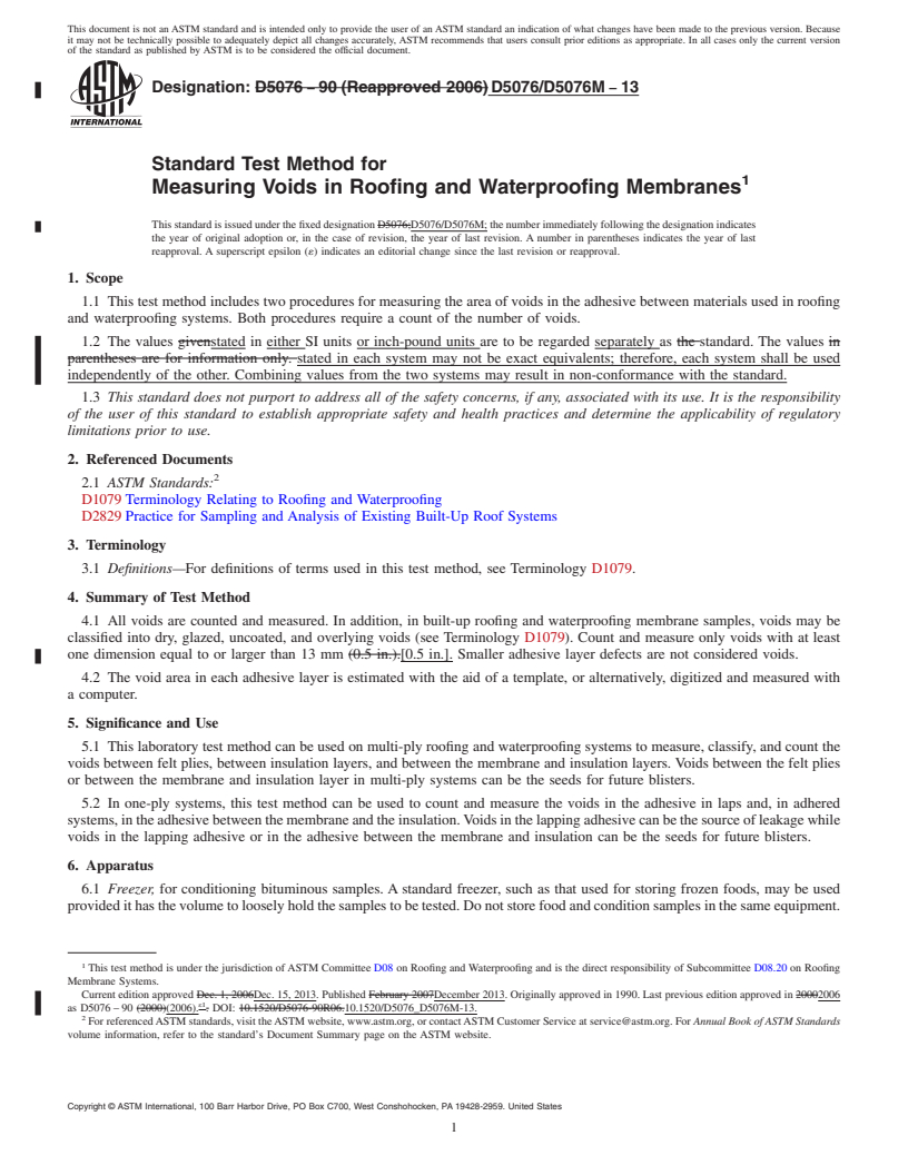 REDLINE ASTM D5076/D5076M-13 - Standard Test Method for Measuring Voids in Roofing and Waterproofing Membranes