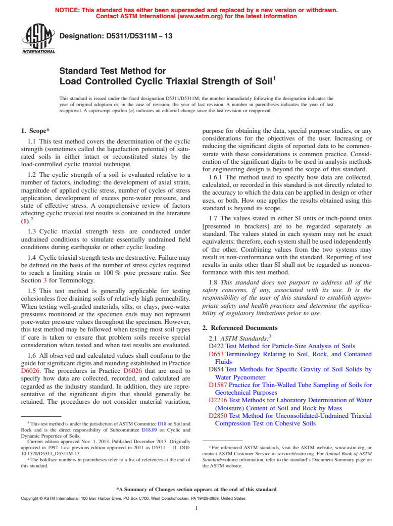 ASTM D5311/D5311M-13 - Standard Test Method for Load Controlled Cyclic Triaxial Strength of Soil (Withdrawn 2022)