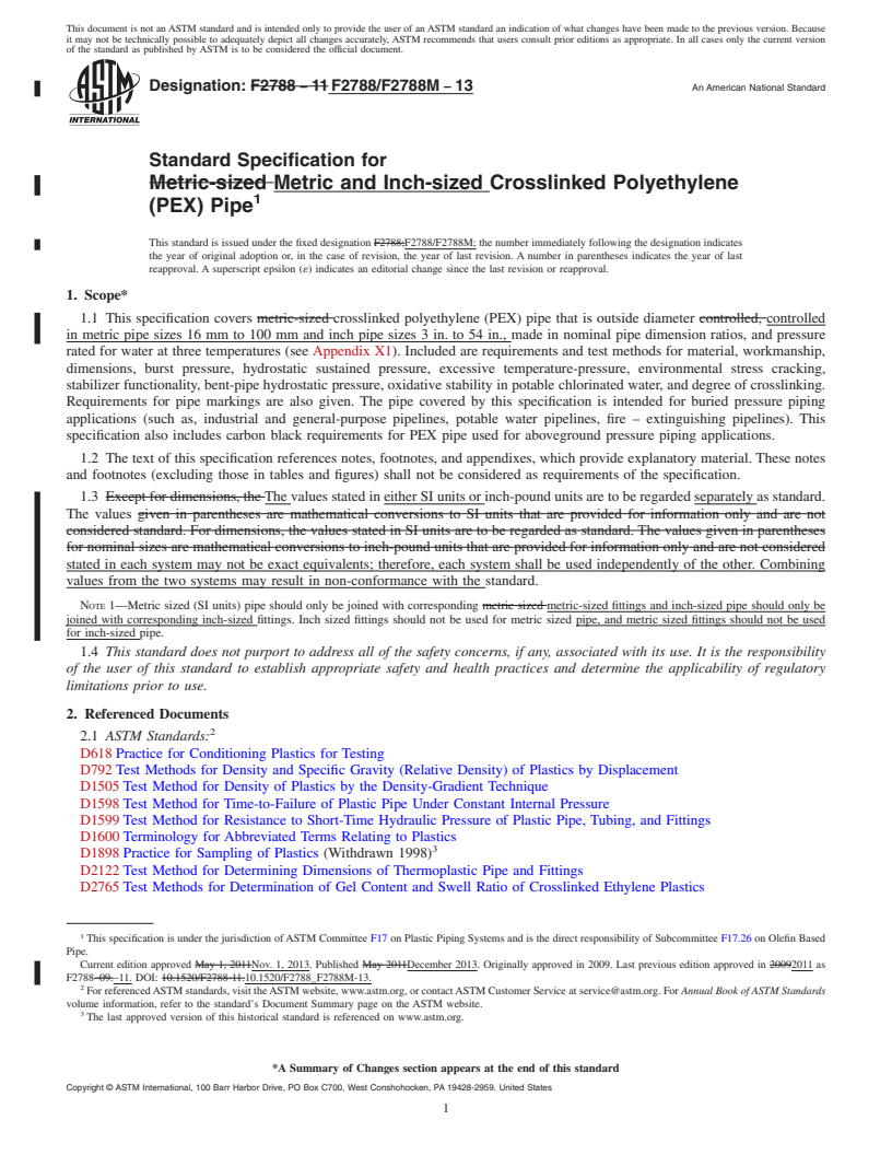 REDLINE ASTM F2788/F2788M-13 - Standard Specification for Metric-sized Crosslinked Polyethylene (PEX) Pipe