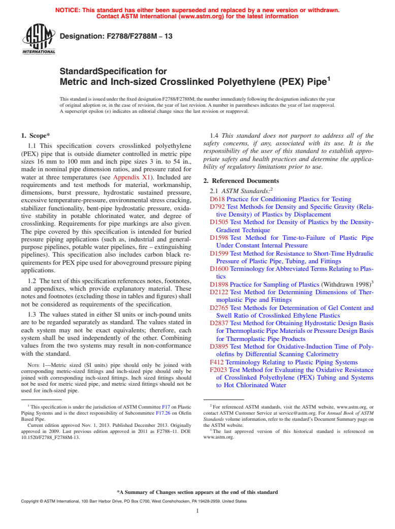 ASTM F2788/F2788M-13 - Standard Specification for Metric-sized Crosslinked Polyethylene (PEX) Pipe