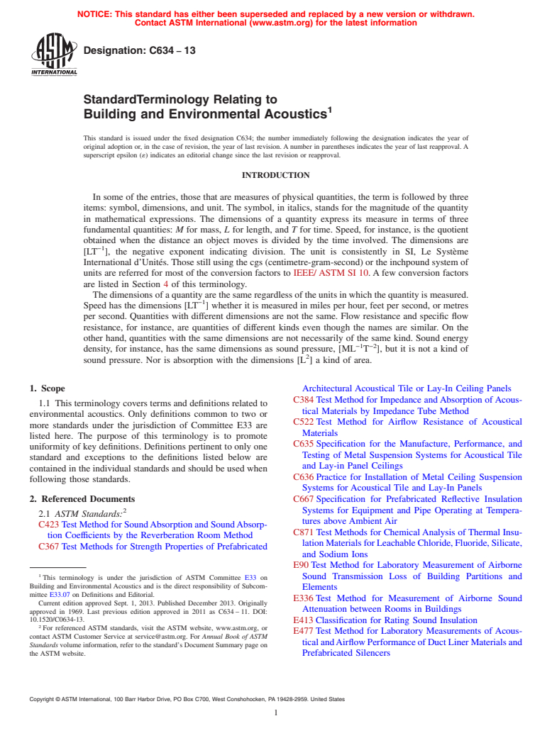 ASTM C634-13 - Standard Terminology Relating to  Building and Environmental Acoustics