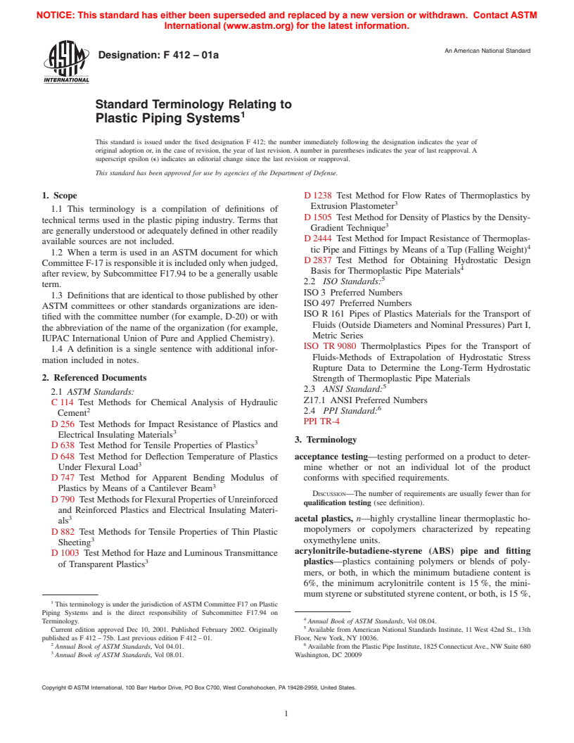 ASTM F412-01a - Standard Terminology Relating to Plastic Piping Systems
