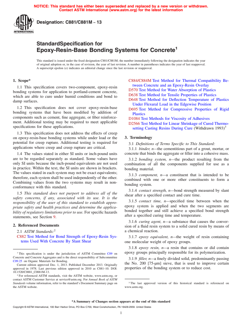 ASTM C881/C881M-13 - Standard Specification for  Epoxy-Resin-Base Bonding Systems for Concrete