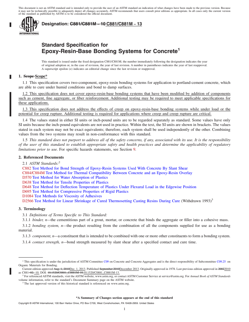 REDLINE ASTM C881/C881M-13 - Standard Specification for  Epoxy-Resin-Base Bonding Systems for Concrete