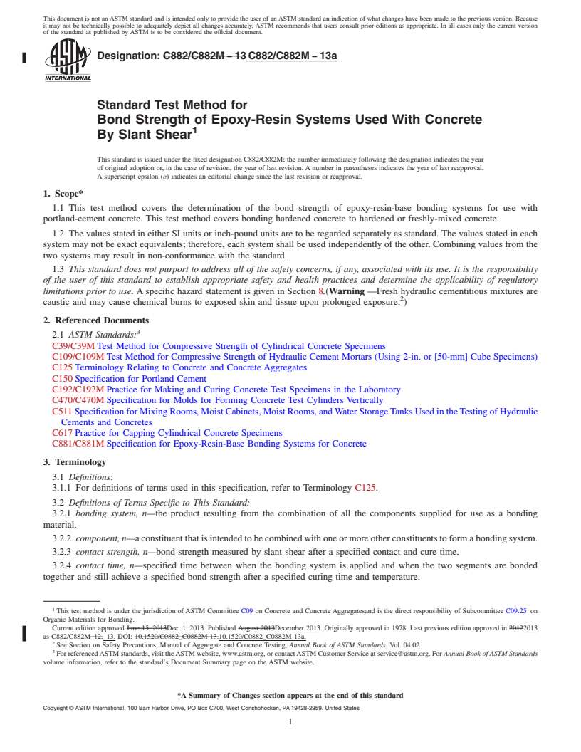 REDLINE ASTM C882/C882M-13a - Standard Test Method for  Bond Strength of Epoxy-Resin Systems Used With Concrete By  Slant Shear