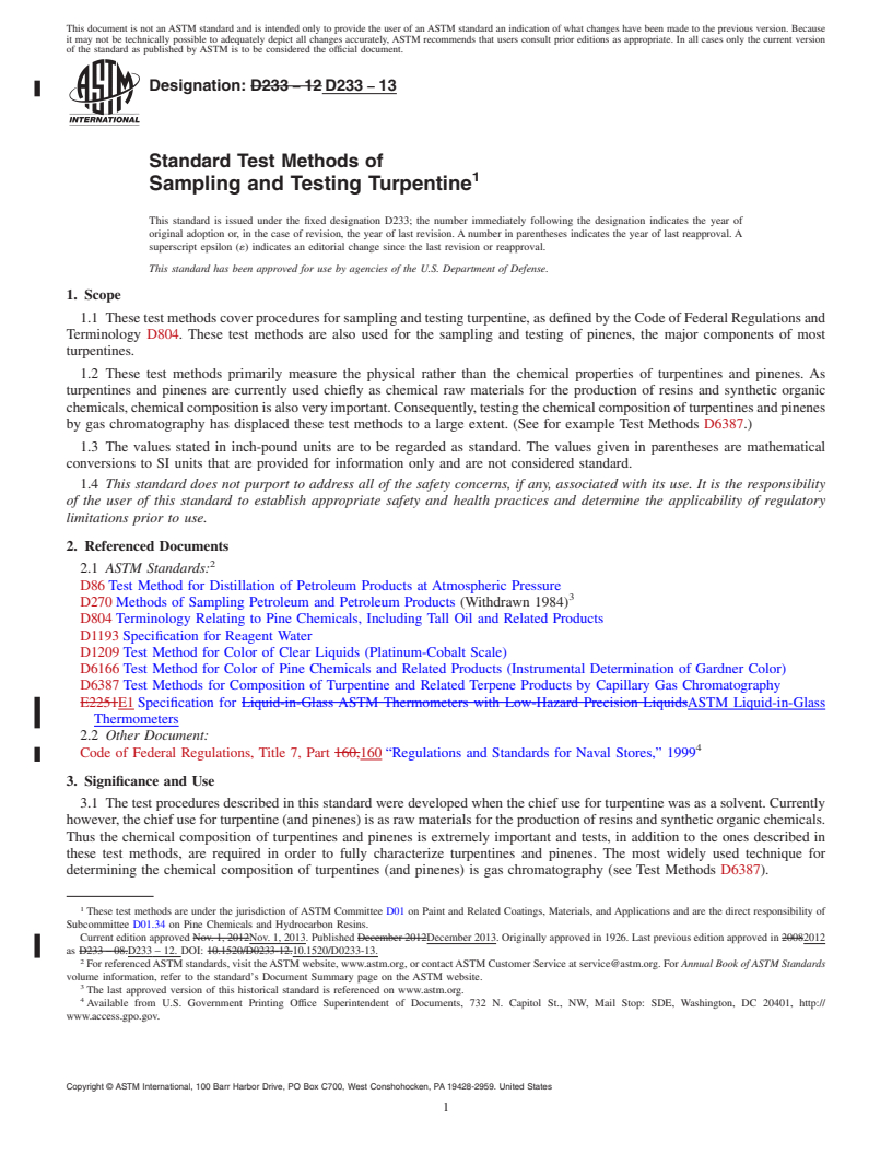 REDLINE ASTM D233-13 - Standard Test Methods of Sampling and Testing Turpentine