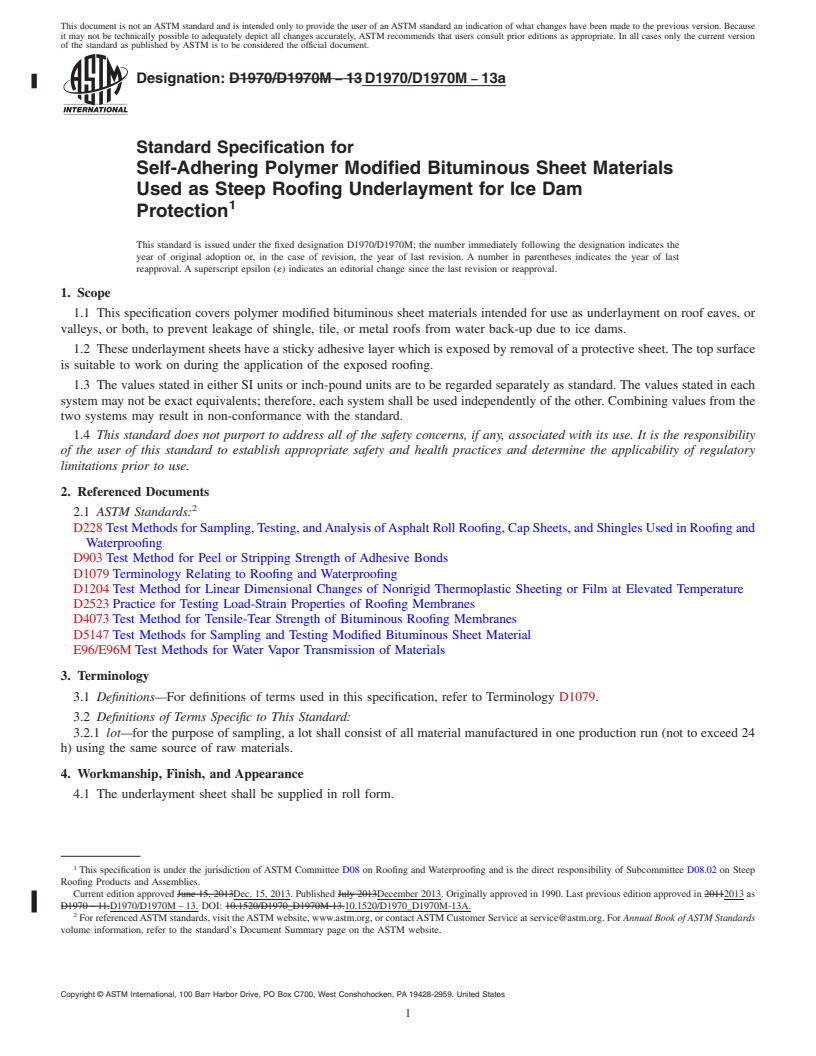 REDLINE ASTM D1970/D1970M-13a - Standard Specification for  Self-Adhering Polymer Modified Bituminous Sheet Materials Used   as Steep Roofing Underlayment for Ice Dam Protection