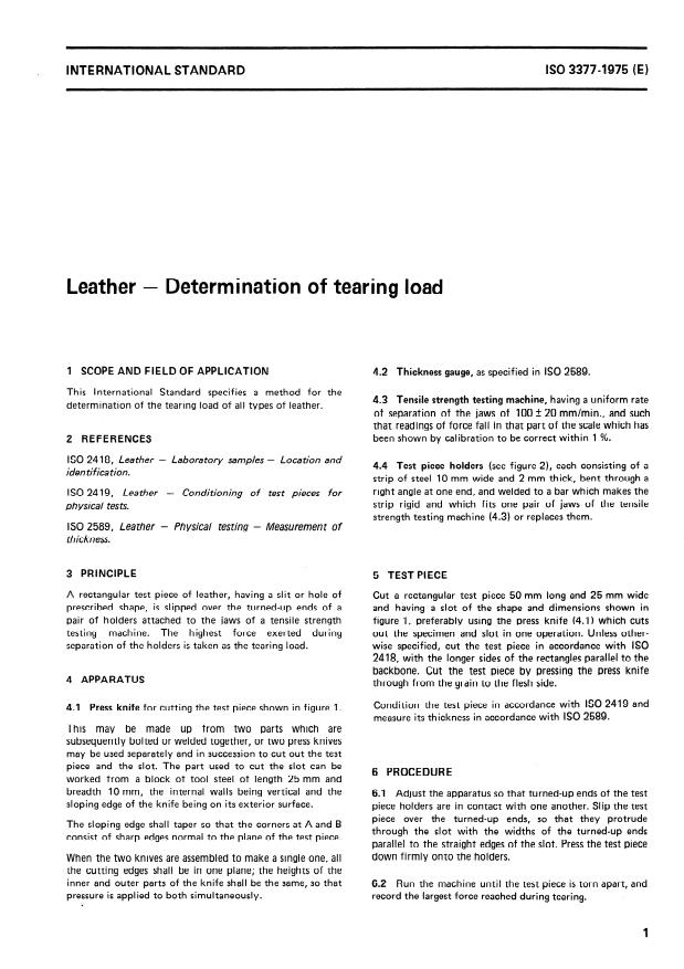 ISO 3377:1975 - Leather -- Determination of tearing load