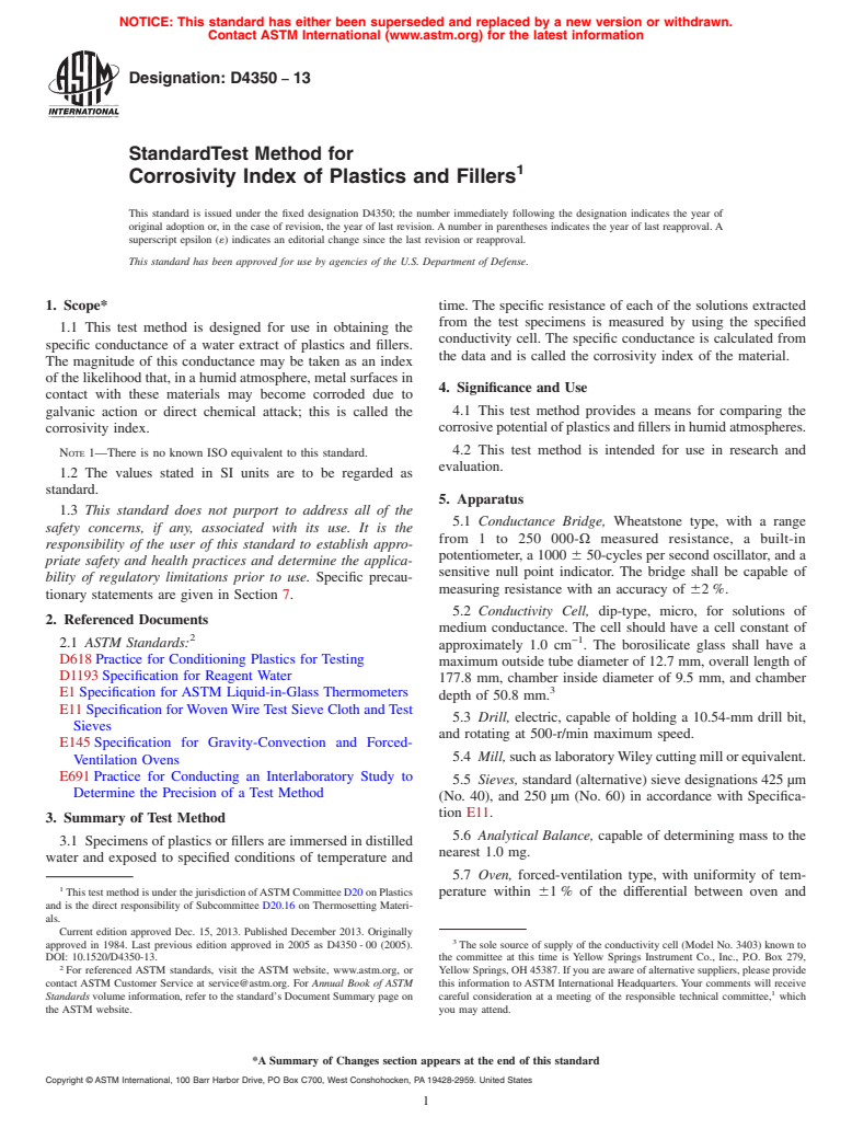 ASTM D4350-13 - Standard Test Method for  Corrosivity Index of Plastics and Fillers