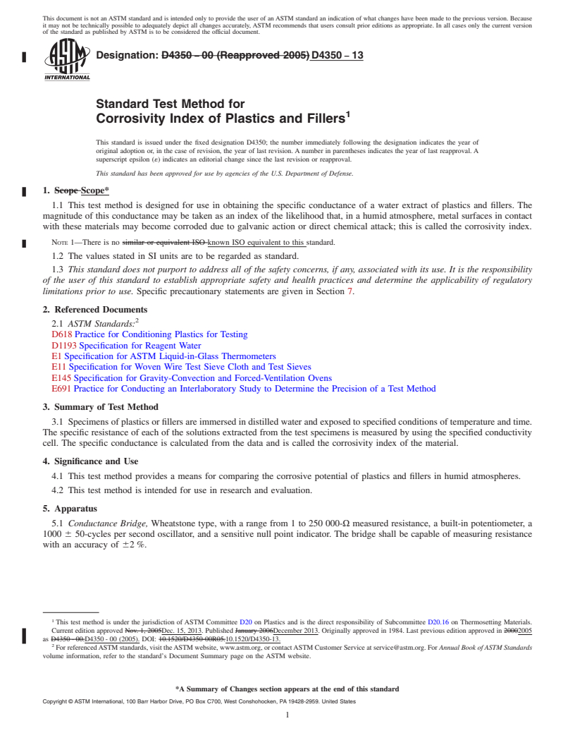 REDLINE ASTM D4350-13 - Standard Test Method for  Corrosivity Index of Plastics and Fillers