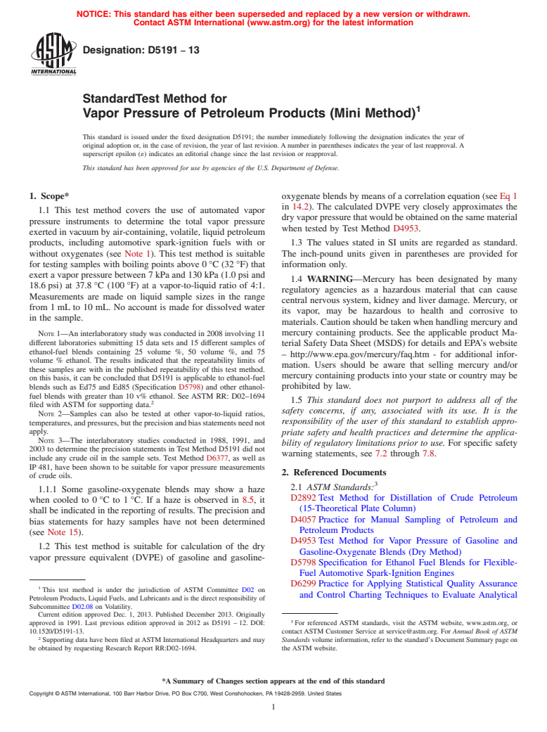 ASTM D5191-13 - Standard Test Method for Vapor Pressure of Petroleum Products (Mini Method)