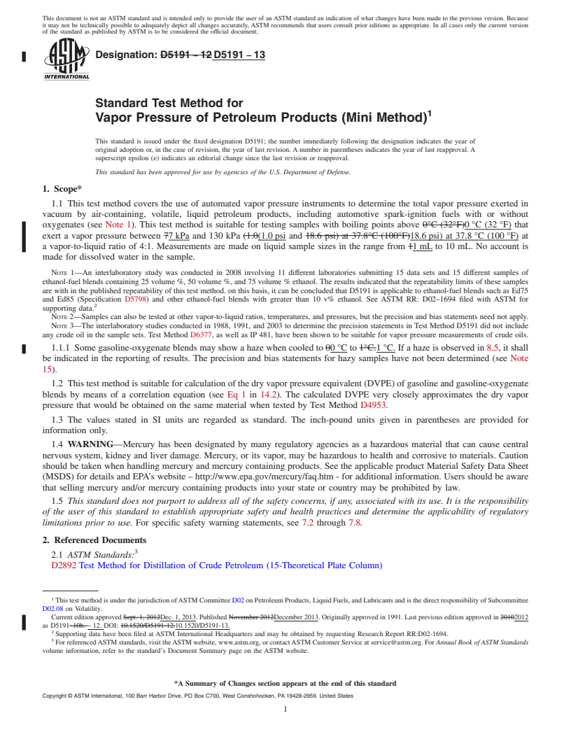 REDLINE ASTM D5191-13 - Standard Test Method for Vapor Pressure of Petroleum Products (Mini Method)