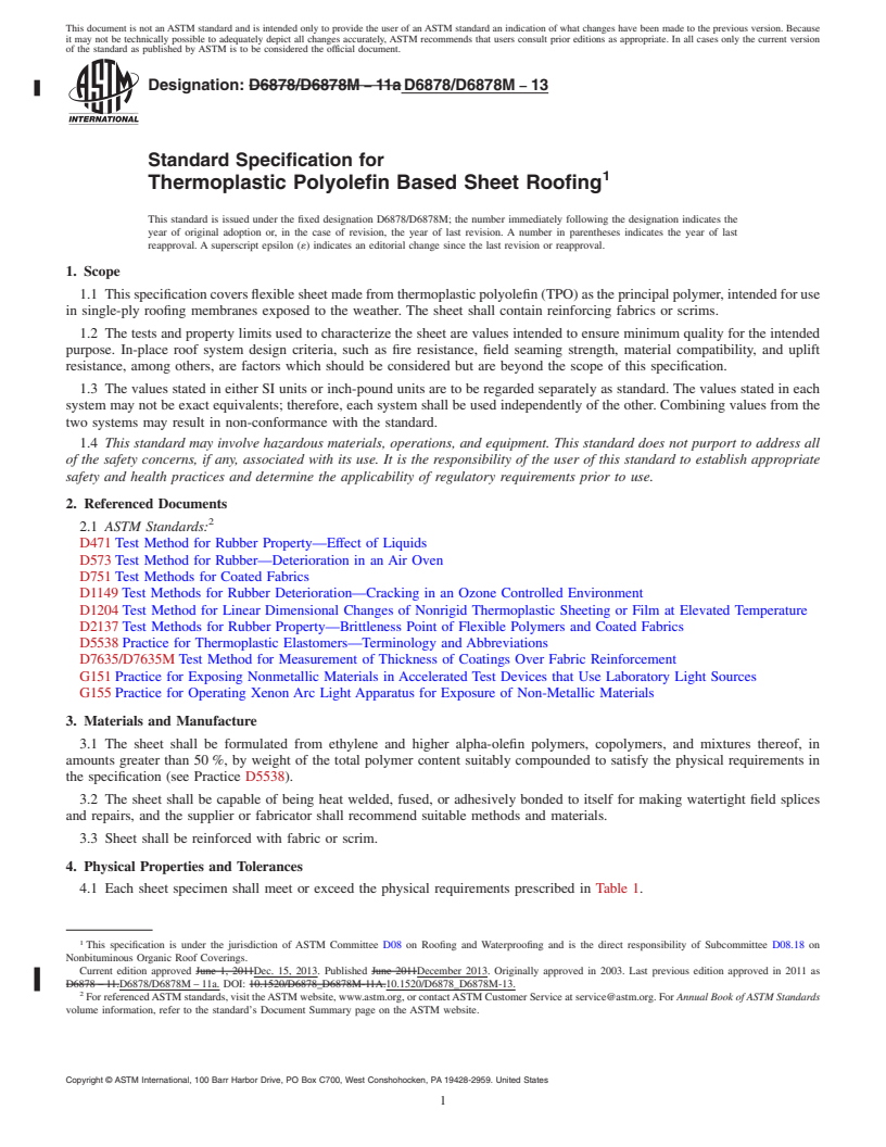 REDLINE ASTM D6878/D6878M-13 - Standard Specification for  Thermoplastic Polyolefin Based Sheet Roofing