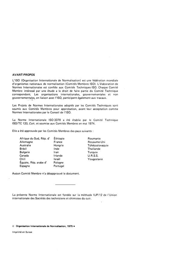 ISO 3378:1975 ISO 3378:1975 - Cuir -- Détermination de la résistance de la fleur a la flexion et de l'indice de gerçure - Page 2 preview
