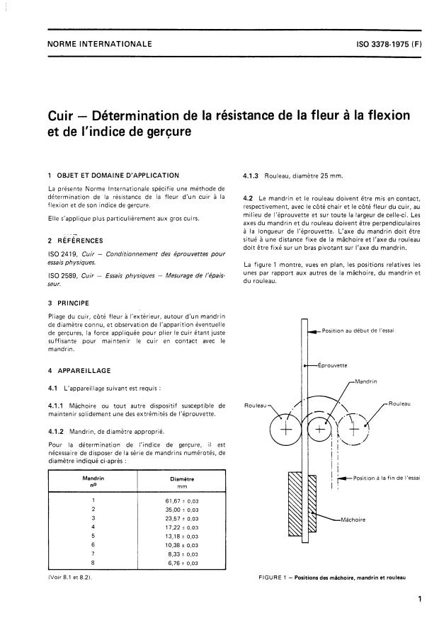 ISO 3378:1975 - Cuir -- Détermination de la résistance de la fleur a la flexion et de l'indice de gerçure