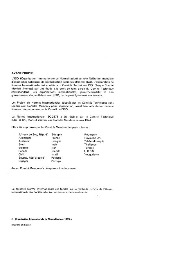 ISO 3378:1975 ISO 3378:1975 - Cuir -- Détermination de la résistance de la fleur a la flexion et de l'indice de gerçure - Page 2 preview