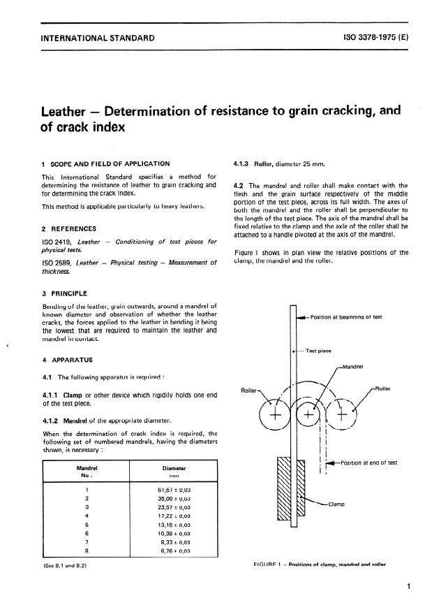 ISO 3378:1975 - Leather -- Determination of resistance to grain cracking, and of crack index