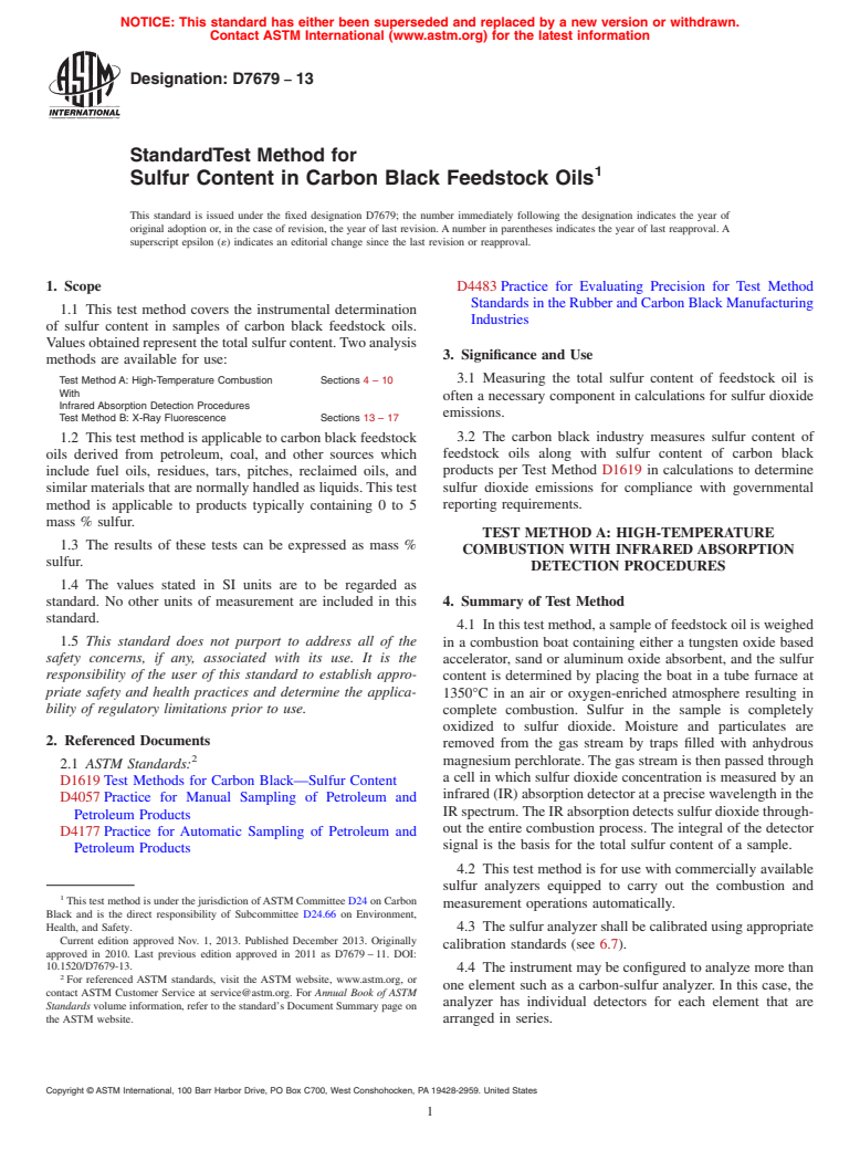 ASTM D7679-13 - Standard Test Method for  Sulfur Content in Carbon Black Feedstock Oils