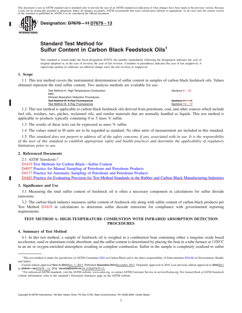 REDLINE ASTM D7679-13 - Standard Test Method for  Sulfur Content in Carbon Black Feedstock Oils