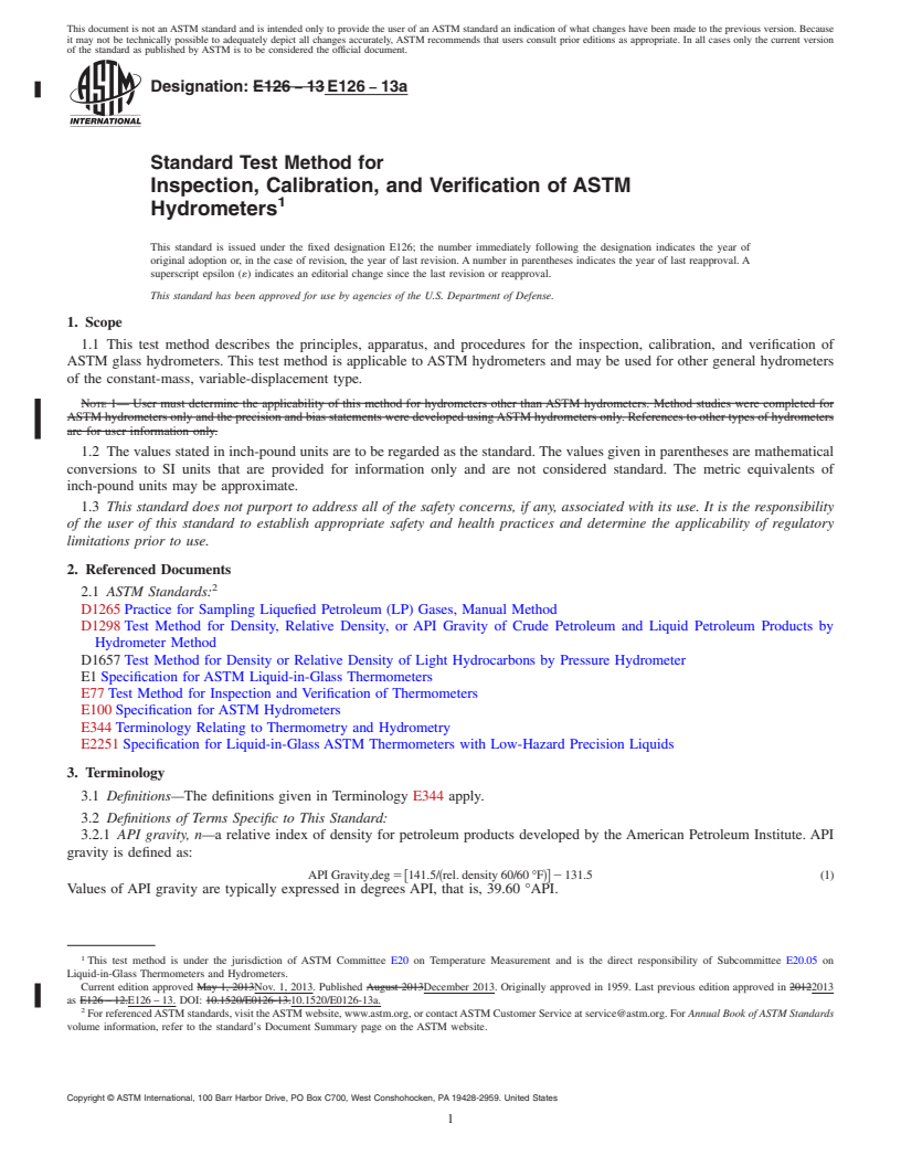 REDLINE ASTM E126-13a - Standard Test Method for  Inspection, Calibration, and Verification of ASTM Hydrometers