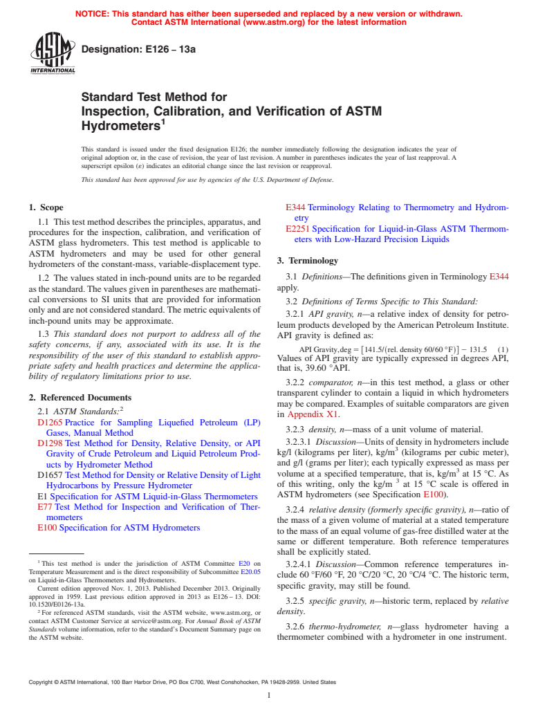 ASTM E126-13a - Standard Test Method for  Inspection, Calibration, and Verification of ASTM Hydrometers