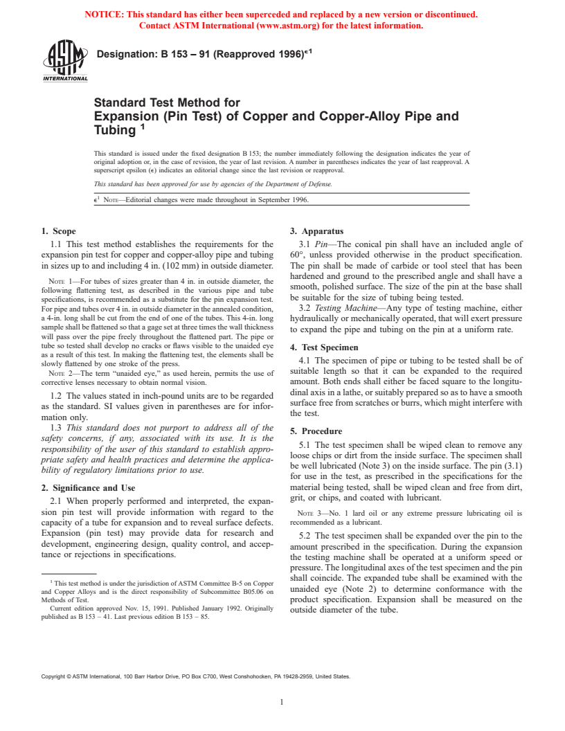 ASTM B153-91(1996)e1 - Standard Test Method for Expansion (Pin Test) of Copper and Copper-Alloy Pipe and Tubing