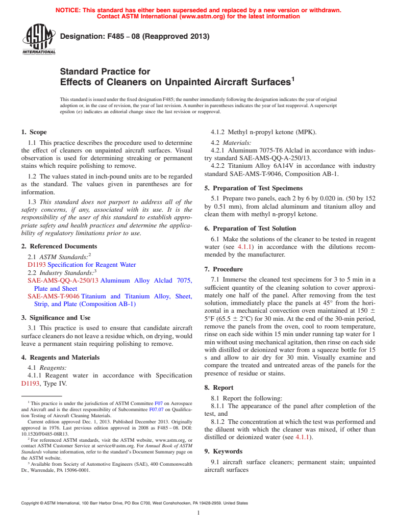 ASTM F485-08(2013) - Standard Practice for Effects of Cleaners on Unpainted Aircraft Surfaces