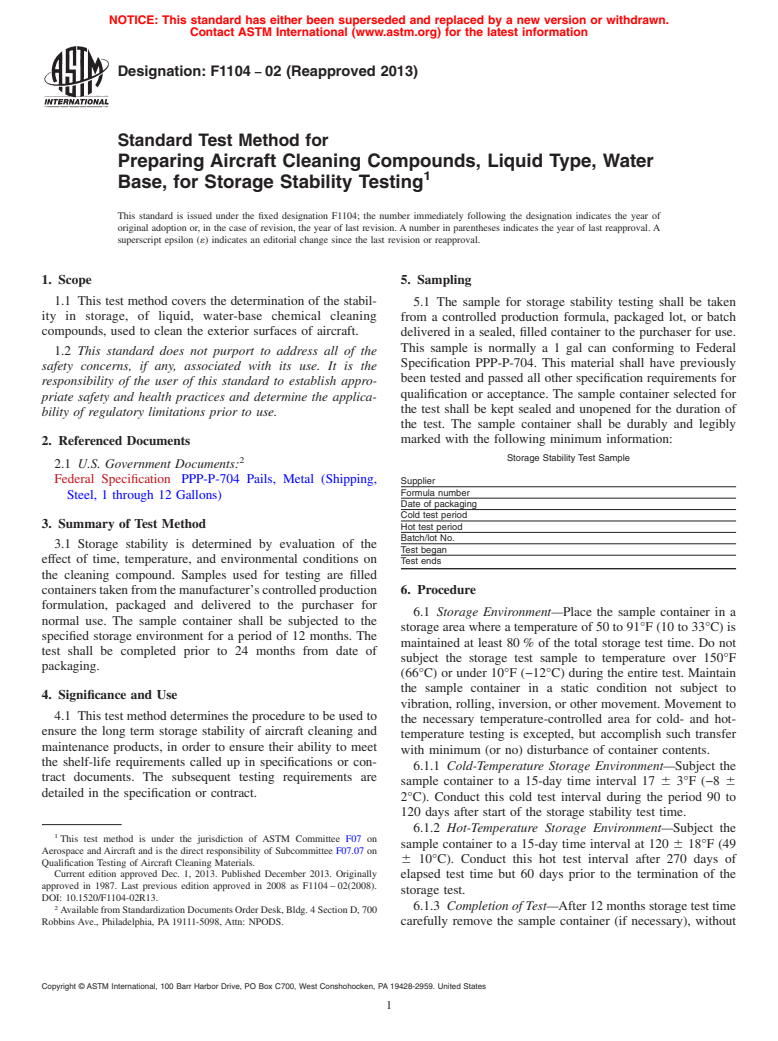 ASTM F1104-02(2013) - Standard Test Method for  Preparing Aircraft Cleaning Compounds, Liquid Type, Water Base,  for Storage Stability Testing