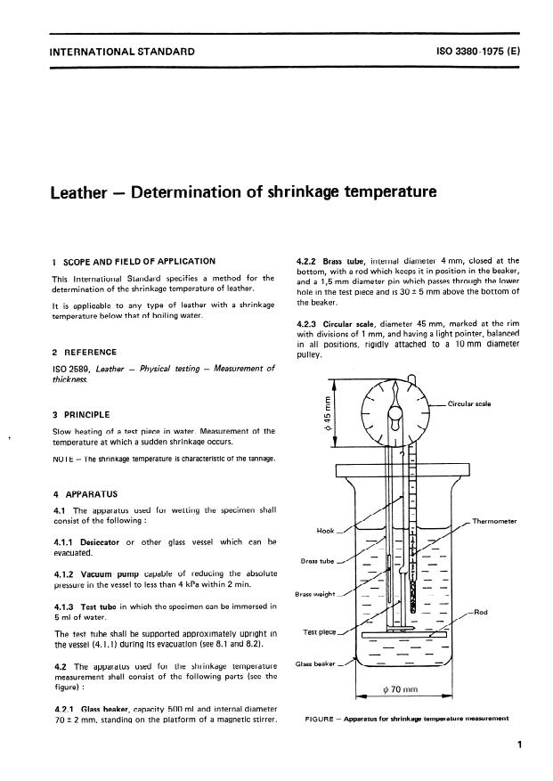 ISO 3380:1975 - Leather -- Determination of shrinkage temperature