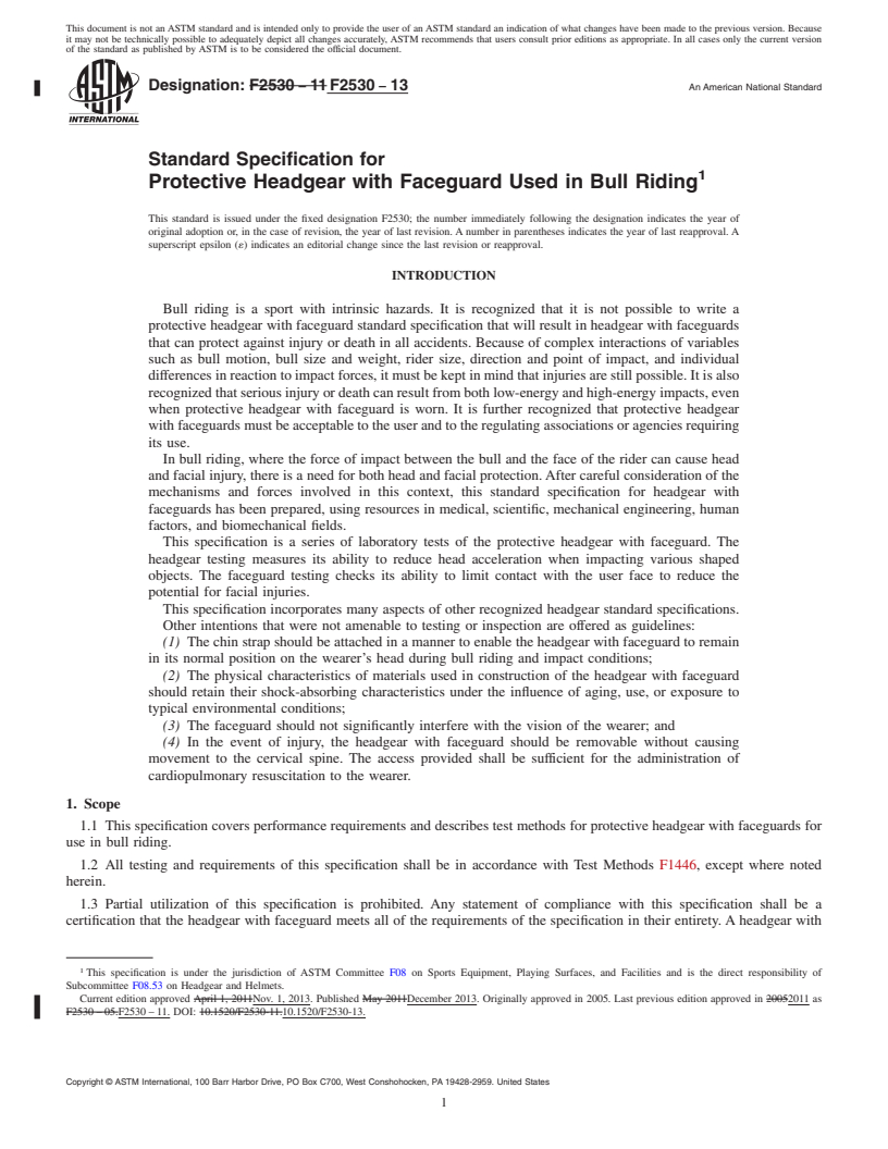 REDLINE ASTM F2530-13 - Standard Specification for  Protective Headgear with Faceguard Used in Bull Riding