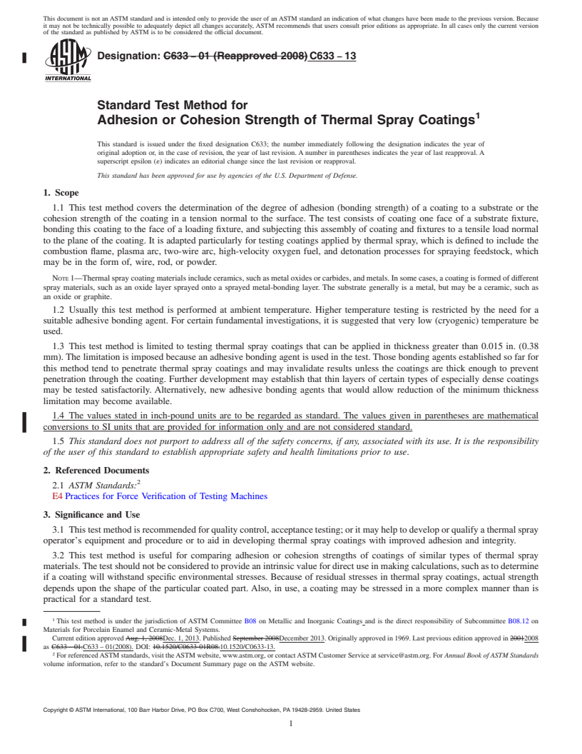 REDLINE ASTM C633-13 - Standard Test Method for  Adhesion or Cohesion Strength of Thermal Spray Coatings