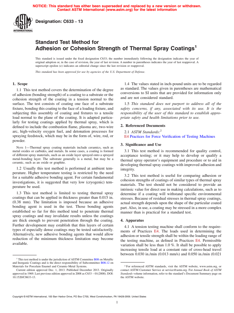 ASTM C633-13 - Standard Test Method for  Adhesion or Cohesion Strength of Thermal Spray Coatings