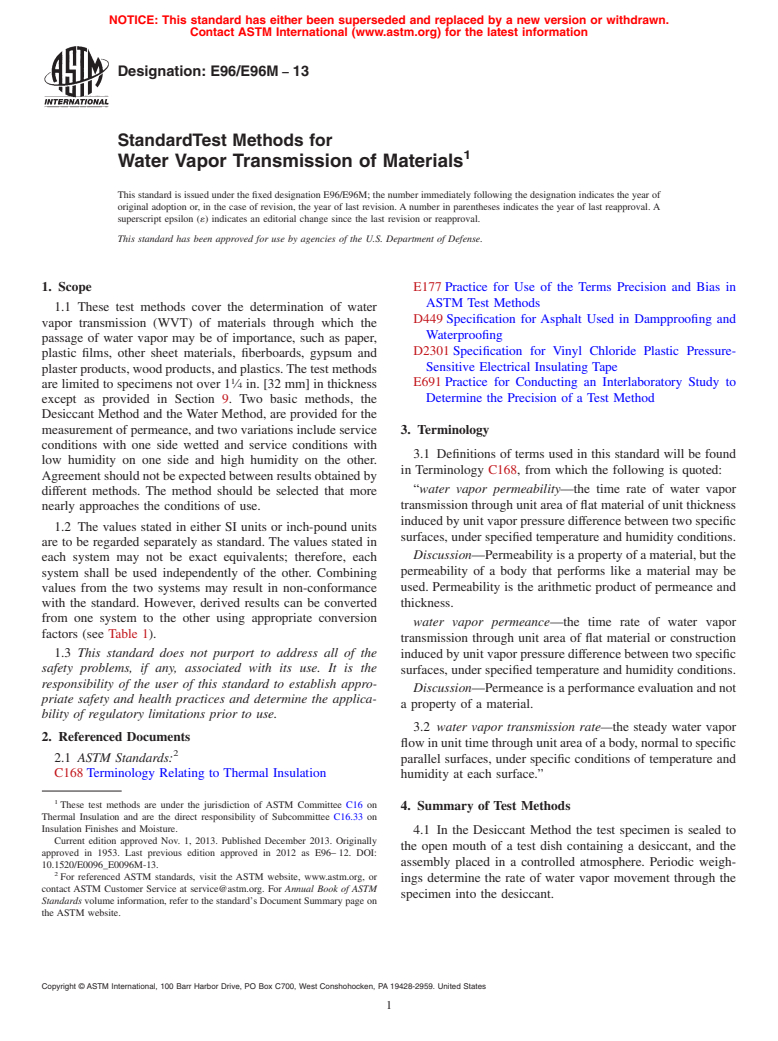 ASTM E96/E96M-13 - Standard Test Methods for Water Vapor Transmission of Materials