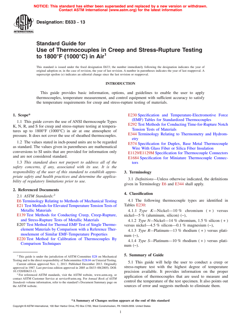 ASTM E633-13 - Standard Guide for  Use of Thermocouples in Creep and Stress-Rupture Testing to  1800&deg;F (1000&deg;C) in Air